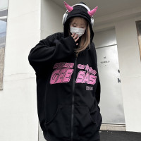 咖哩人春季新款粉色美式小惡魔角連帽布貼衛衣外套男女寬鬆情侶
