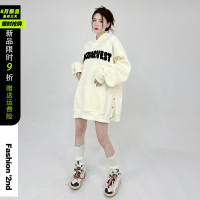 vintage原創國潮美式復古新款字母套頭休閒上衣oversize寬鬆連帽上衣
