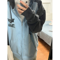 潮牌oversize撞色連帽運動衫女春秋小個子寬鬆慵懶風小眾hiphop外套