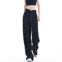 KEN STUDIO夏季新款闊腿西裝褲女拼接撞色設計感寬鬆休閒長褲褲子