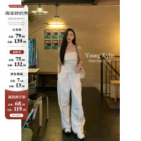 70不是七十白色工裝褲女套裝夏季吊帶上衣寬鬆運動束腳闊腿休閒褲