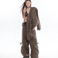 CCUP SPACE 新款百搭氣質小眾設計感深咖做舊口袋工裝闊腿褲+外套