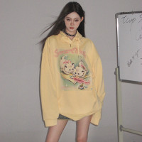 CCUP SAPCE長袖個性寬鬆百搭可愛貓咪印花春秋寬鬆情侶款連帽運動衫