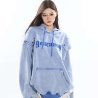 CCUP SAPCE 美式復古設計感帽衫做舊藍色上衣字母刺繡連帽運動衫