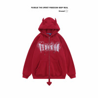 怪P 美式小眾惡魔牛角帽開衫厚棉T男女秋冬加絨寬鬆上衣外套潮