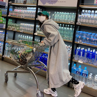 灰色長版過膝oversize連帽加絨衛衣女2023新款春秋寬鬆慵懶風外套