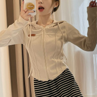 美式長袖厚棉T女秋季港風修身顯瘦學生百搭連帽短版開襟外套上衣ins潮