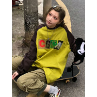 美式復古插肩袖衛衣女春秋新款小眾高街潮牌撞色拼接長袖情侶上衣