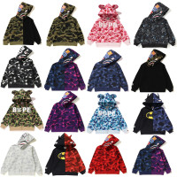 日系潮牌bape童裝猿人頭鯊魚迷彩外套男女童長袖拉鍊拼接帽衫衛衣