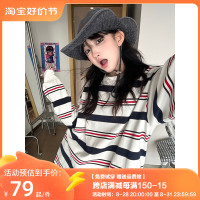 美式學院風條紋長袖T恤女2023秋季新款設計感圓領寬鬆情侶上衣ins