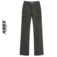 ANNX2023夏甜酷辣妹工裝口袋金屬四合扣修身顯瘦微喇休閒闊腿長褲