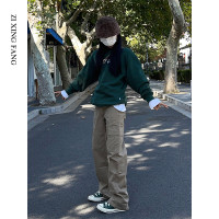 卡其色高腰直筒楊冪同款工裝褲女早秋2023新款登山褲闊腿牛仔褲子