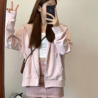 早秋少女感粉色慵懶風衛衣外套女小個子穿搭韓系寬鬆帽衫上衣顯瘦