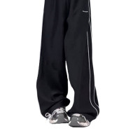 鬼馬少女 現貨！潮牌美式高街黑色條紋西裝運動褲女夏季垂感寬鬆