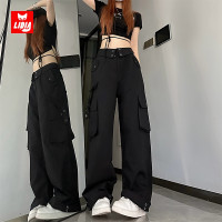 美式黑色工裝褲女夏季薄款多口袋高腰顯瘦闊腿褲垂感直筒休閒褲子