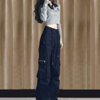 美式藏青色工裝褲女夏季薄款寬鬆復古hiphop小個子顯瘦高腰寬褲