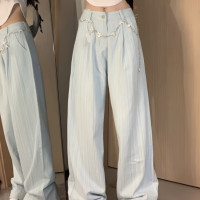 做夢特長生新款甜酷寬鬆牛仔褲女夏薄款豎條紋直筒百搭休閒拖地褲