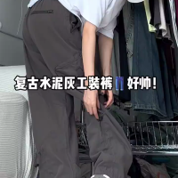 美式復古hiphop工裝褲女夏季寬鬆潮牌設計感舞蹈闊腿直筒休閒褲子