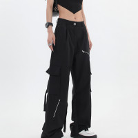 高街嘻哈拉鍊裝飾多口袋工裝褲女春新款高腰寬鬆直筒休閒運動長褲
