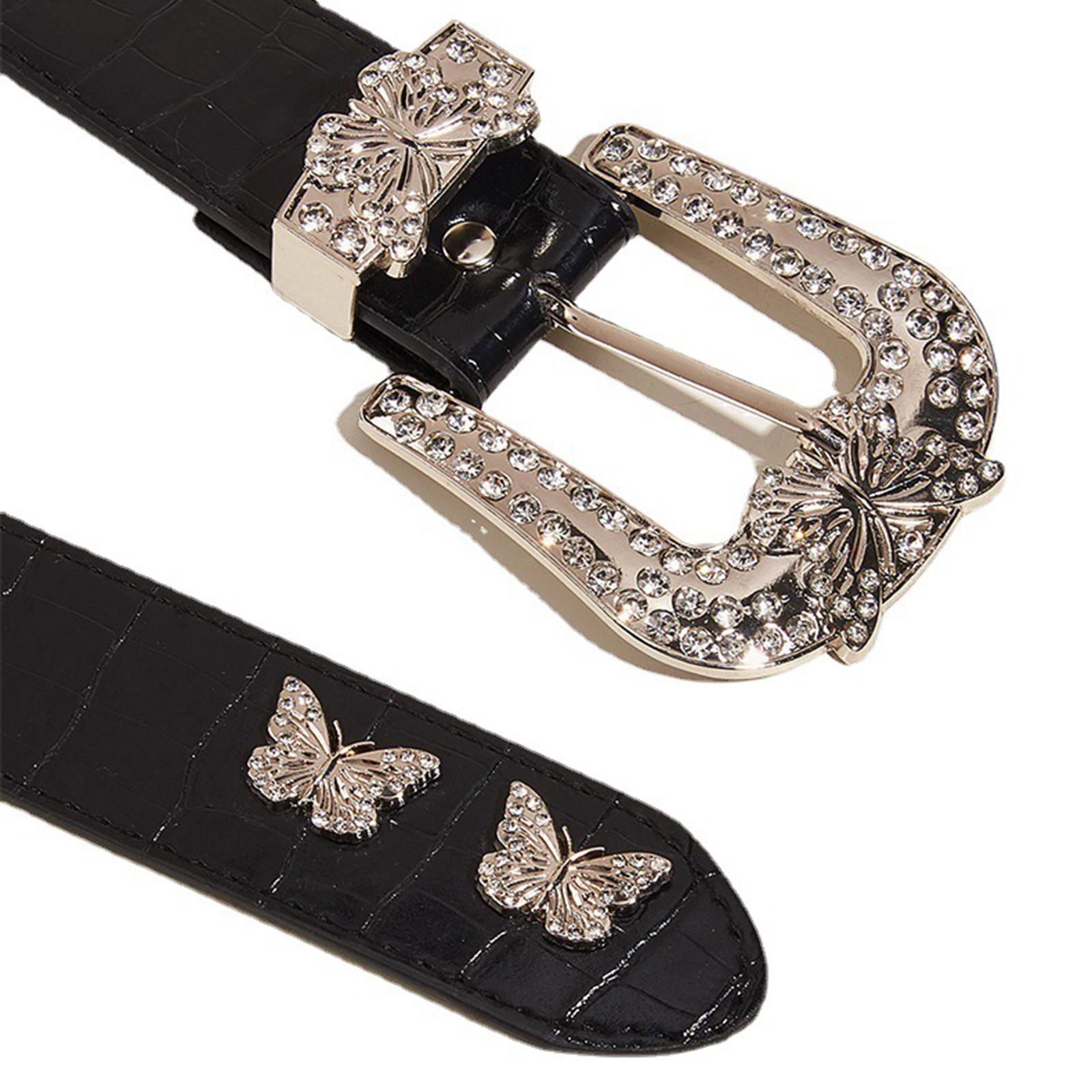 Women Leather Belt Fashion Metal Prong Buckle 3.8cm Width Punk Waist Belt Rhinestone Butterfly Decoration Adjustable Jean Belt