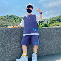 Летний костюм для мальчиков Детский модный лоскутный костюм для старшей школы с коротким рукавом шорты спортивный костюм