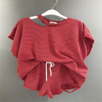 Новинка 2023, Лидер продаж, Детский костюм для девочек, комплект из двух предметов для подростков, рубашка с короткими рукавами и брюки, топ, летняя повседневная одежда в полоску, модная одежда