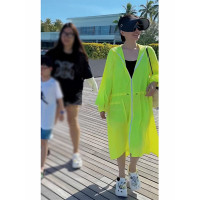 2023新款抗UV休閒運動戶外中長版黃色連帽防曬衝鋒衣外套女款