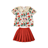 Рубашка-юбка с отложным воротником и мультяшным принтом для девочек, новинка 2023, детское летнее платье в пасторальном стиле для малышей из чистого хлопка с удобным принтом и бантом и цветами