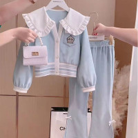 Весенняя одежда для девочек, новинка, детская одежда, пальто с кукольным воротником и брюки, комплект из двух предметов, модные спортивные костюмы для девочек подростков