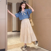 Летняя одежда для девочек, костюм, джинсовая рубашка, юбка в стиле колледжа, повседневный модный костюм свободного кроя, детская одежда для девочек 4-16 лет