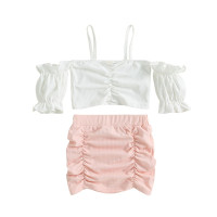 Женский летний комплект детской одежды, топ с коротким рукавом и открытыми плечами и мини-юбка с рюшами