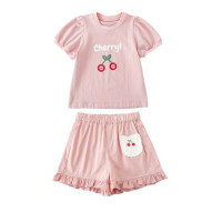 Комплект детской одежды для девочек, летняя новинка, детский комплект одежды с милым принтом и кружевной вышивкой на подоле, одежда для малышей, хлопковая футболка и шорты