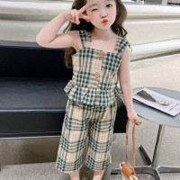 Детский клетчатый костюм, Новинка лета 2023, корейский вариант топа на бретелях для девочек, укороченные брюки, комплект из двух предметов, детская одежда