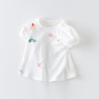 Футболка для девочек с коротким рукавом и милым мультяшным принтом из 100% чистого хлопка, повседневные летние топы с круглым вырезом и трехмерным украшением