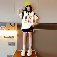 Летний костюм для девочек, шорты с коротким рукавом, комплект из 2 предметов, повседневный СВОБОДНЫЙ Модный костюм в студенческом стиле, детская одежда для девочек, подростков