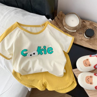 Корейский Летний комплект детской одежды для мальчиков и девочек, футболка с мультяшным принтом + однотонные шорты, костюм с надписью, пуловер, рубашка, 2 шт., детская одежда