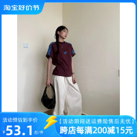 夏季新款寬鬆百搭拼接短袖T恤女美式復古撞色簡約側邊條紋上衣潮