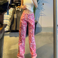 粉色迷彩工裝褲子女夏季新款美式復古潮牌多巴胺穿搭直筒休閒長褲