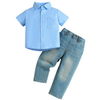 Комплект из 2 предметов, летняя роскошная одежда для малышей, наряды для маленьких мальчиков, модная Однотонная футболка с коротким рукавом + джинсы, детская одежда BC2408