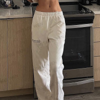 Vintage Wen美式白色bm風高腰寬鬆運動休閒長褲女直筒衛褲百搭