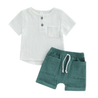 Комплект для маленьких мальчиков, летняя одежда для новорожденных, 2023, наряды, топ с коротким рукавом, пуговицами и карманами, шорты, детские предметы одежды для мальчиков