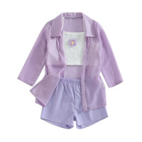 Комплект из трех предметов для девочек, блузка на бретельках без рукавов с цветочным принтом, повседневные шорты и шифоновый пиджак с длинным рукавом