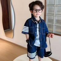 Детский джинсовый костюм для мальчиков, рубашка с коротким рукавом + шорты, комплект из двух предметов, одежда для мальчиков, детская одежда