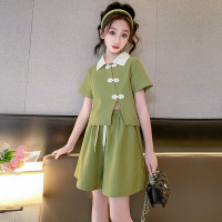 Летний костюм для девочек с коротким рукавом и шортами, 2 предмета, повседневный костюм в стиле преппи в стиле ретро, детская одежда для девочек, Подростковая детская одежда