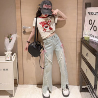 Летний комплект одежды для девочек 2023 года, короткий рукав + джинсы, комплект из 2 предметов, повседневный костюм в стиле колледжа, детская спортивная одежда