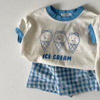 Новинка лета 2023, яркие шорты, Детская футболка с коротким рукавом и рисунком мороженого, футболка для маленьких мальчиков, комплект из 2 предметов, хлопок