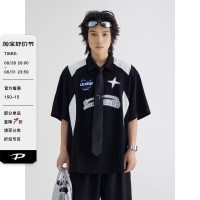 peoplestyle 新款撞色機車風翻領POLO衫情侶款高街潮流休閒上衣潮