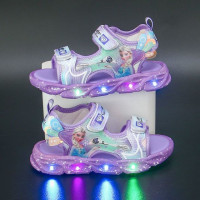 Сандалии Disney для девочек, детские Нескользящие Босоножки с открытым носком, летняя пляжная обувь принцессы, розовые фиолетовые, со светодиодной подсветкой, с мягкой подошвой
