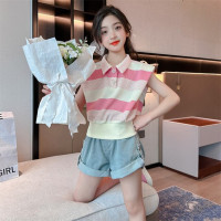 Летний костюм для девочек, шорты с коротким рукавом, комплект из 2 предметов, повседневный СВОБОДНЫЙ Модный костюм в студенческом стиле, детская одежда для девочек, подростков