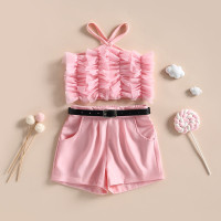 Комплект летней одежды для девочек 2-7 лет, однотонный розовый топ на бретельках без рукавов и шорты с черным поясом, комплект из 3 предметов